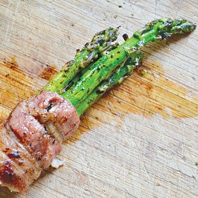 Bacon-wrapped grilled asparagus bundles with balsamic glaze