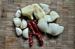 Dried chilies, fresh ginger, garlic, onion.