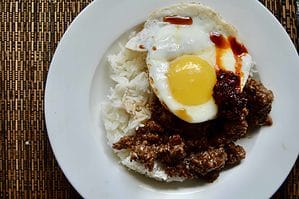 Chili ginger beef with rice and eggs.
