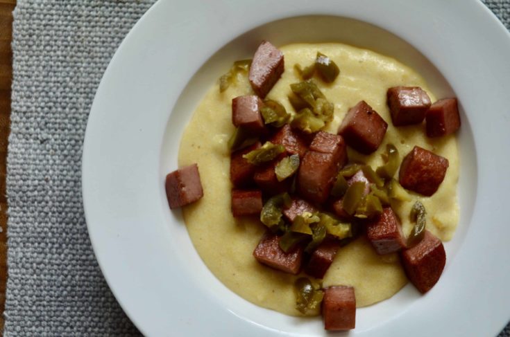 Corn porridge with fried luncheon meat and pickled jalapenos