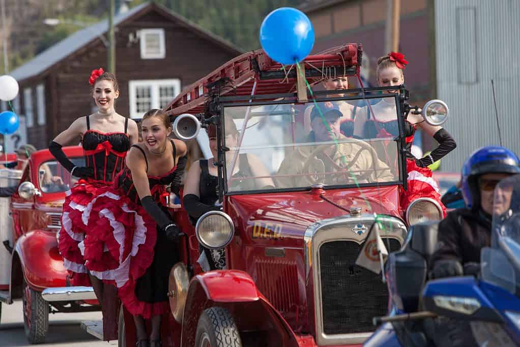 Parade with old fire truck and Can-Can Dancer