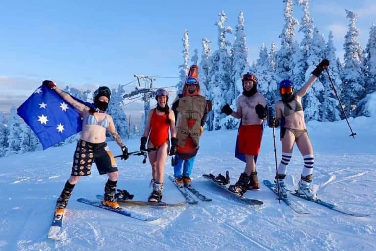 A group of skiers in costume