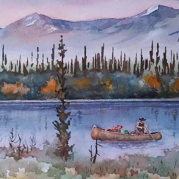 A water colour painting of a paddler in a canoe