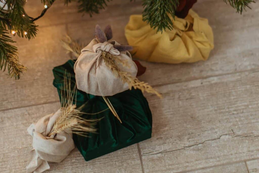 Fabric wrapped Christmas gifts