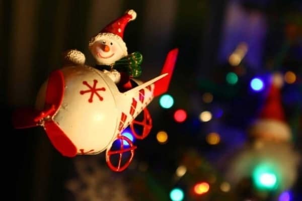 A Christmas ornament of a snowman in a plane