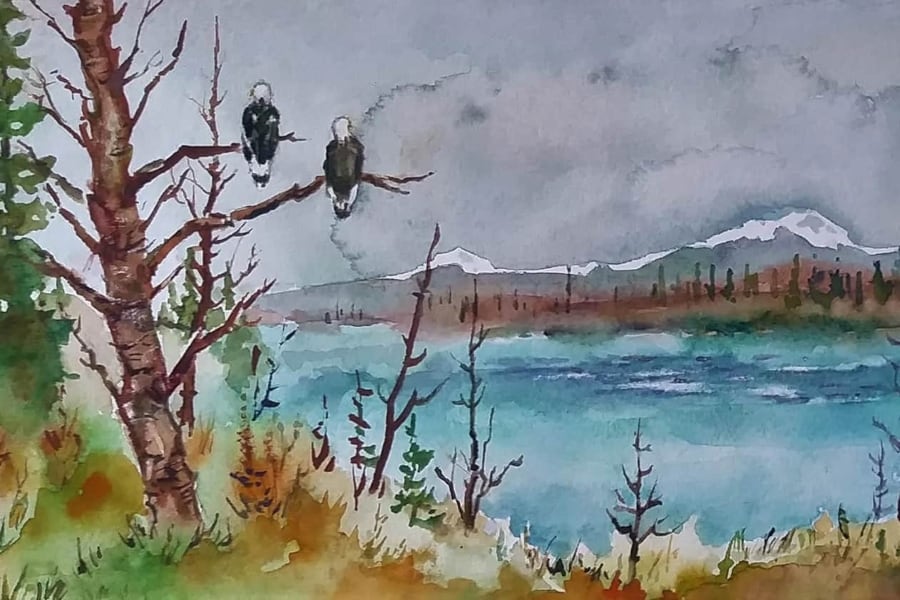 A water colour painting of two eagles
