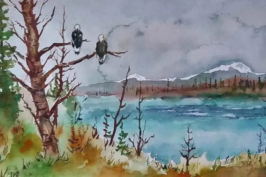 A water colour painting of two eagles