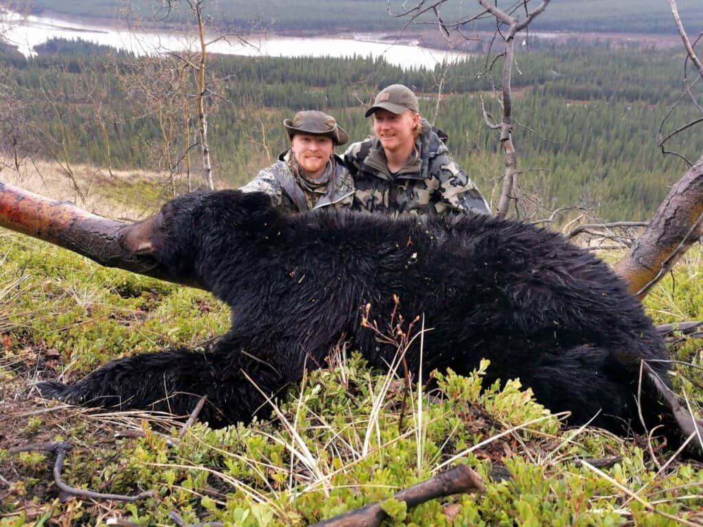 Two hunters with a harvested black bear