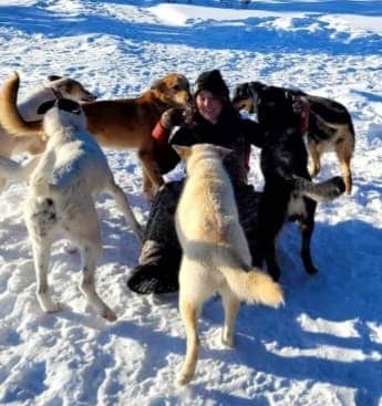 A woman with several dogs