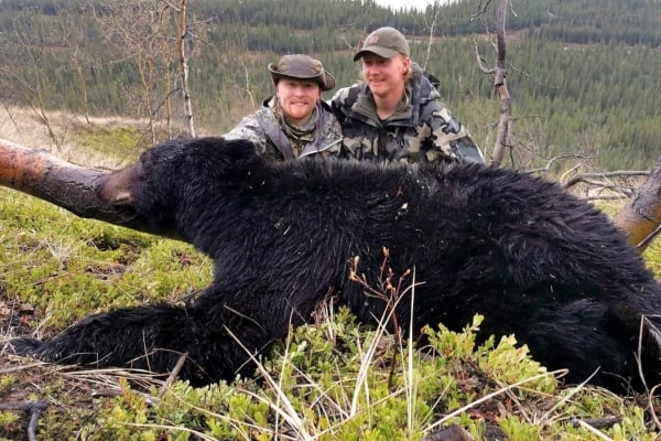 Two hunters with a harvested black bear