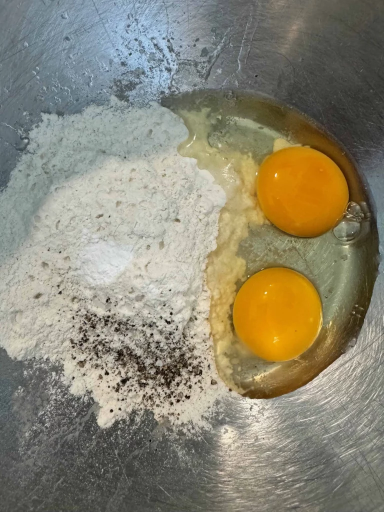Eggs, flour, salt and pepper, and baking powder